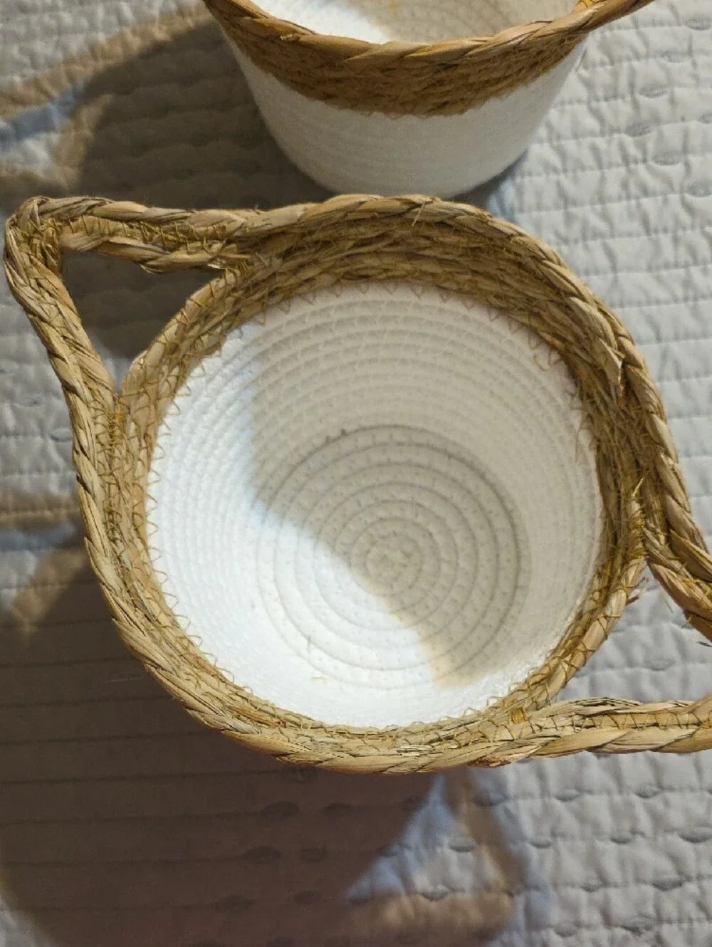 Handwoven White and Natural Seagrass Storage Baskets - Set of 2